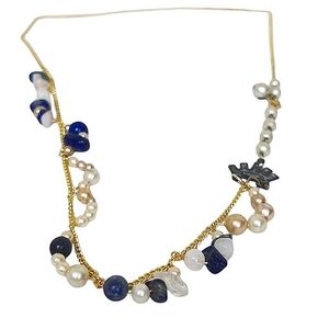 14k Gold Plated Faux Sapphire Clear Quartz Pearl Lapis Necklace